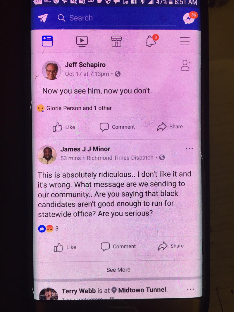 Screenshot of post from Richmond City, Va., Democratic Committee Chair James “J.J.” Minor